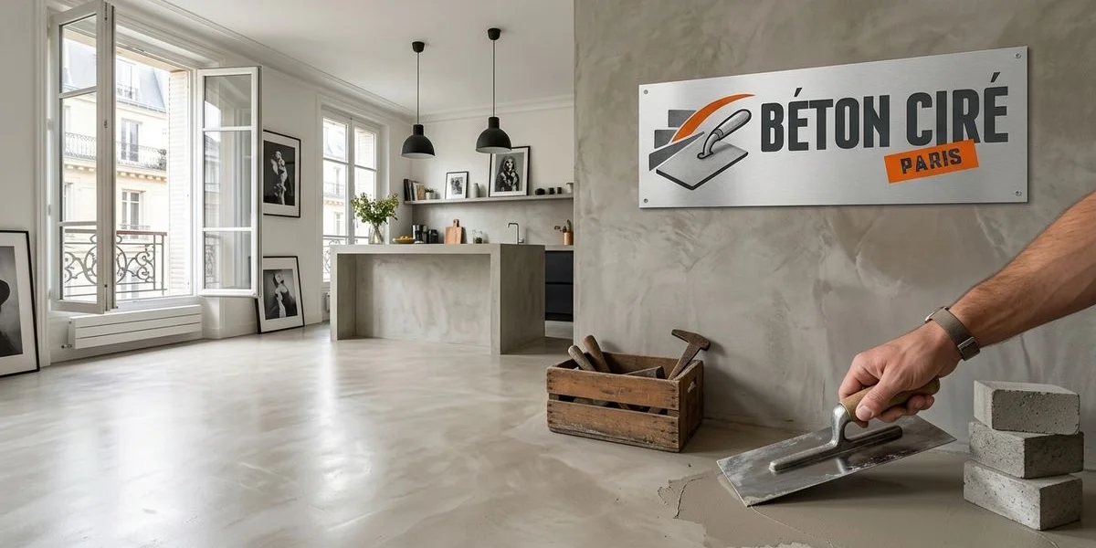 Béton ciré dans une cuisine d'appartement parisien moderne avec poutres apparentes et éclairage design