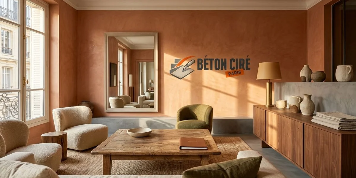 Béton ciré terracotta dans un salon parisien avec mobilier en bois naturel et plantes vertes