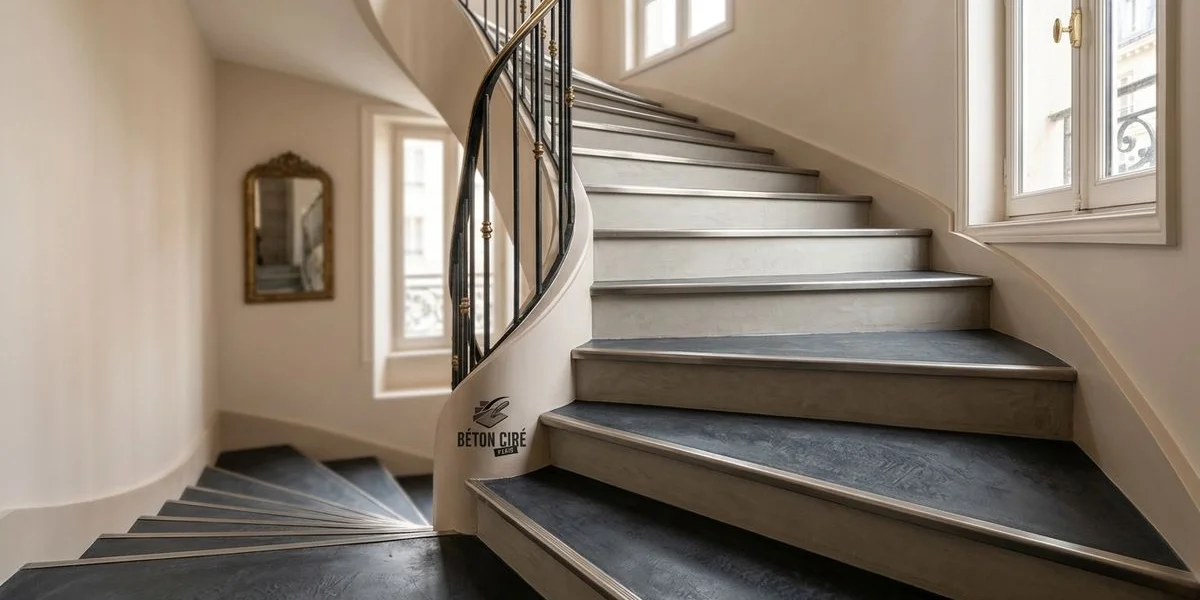Contremarche bicolore en béton ciré avec nez de marche antidérapant
