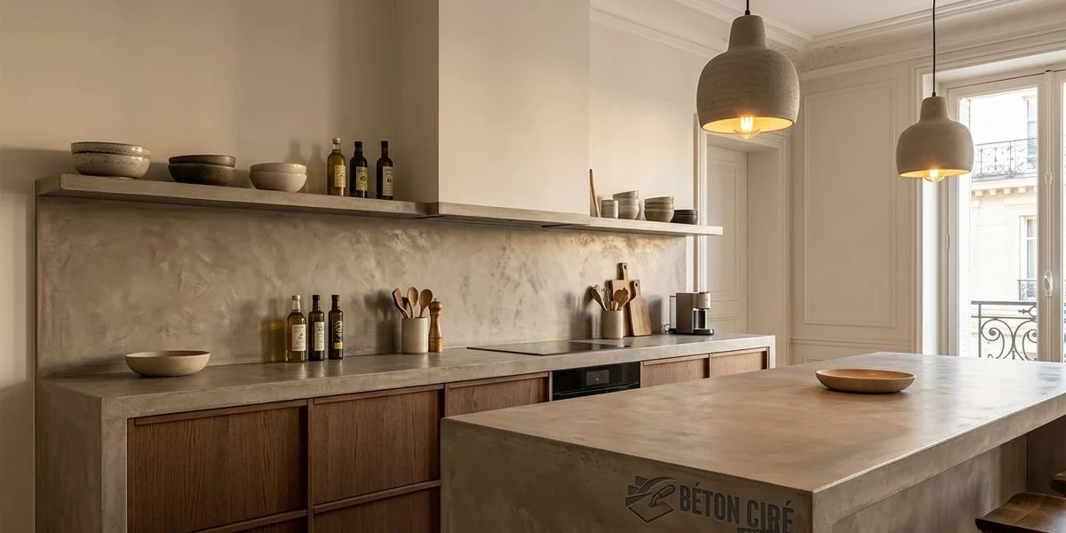 Crédence cuisine en béton ciré effet nuancé avec finition satinée