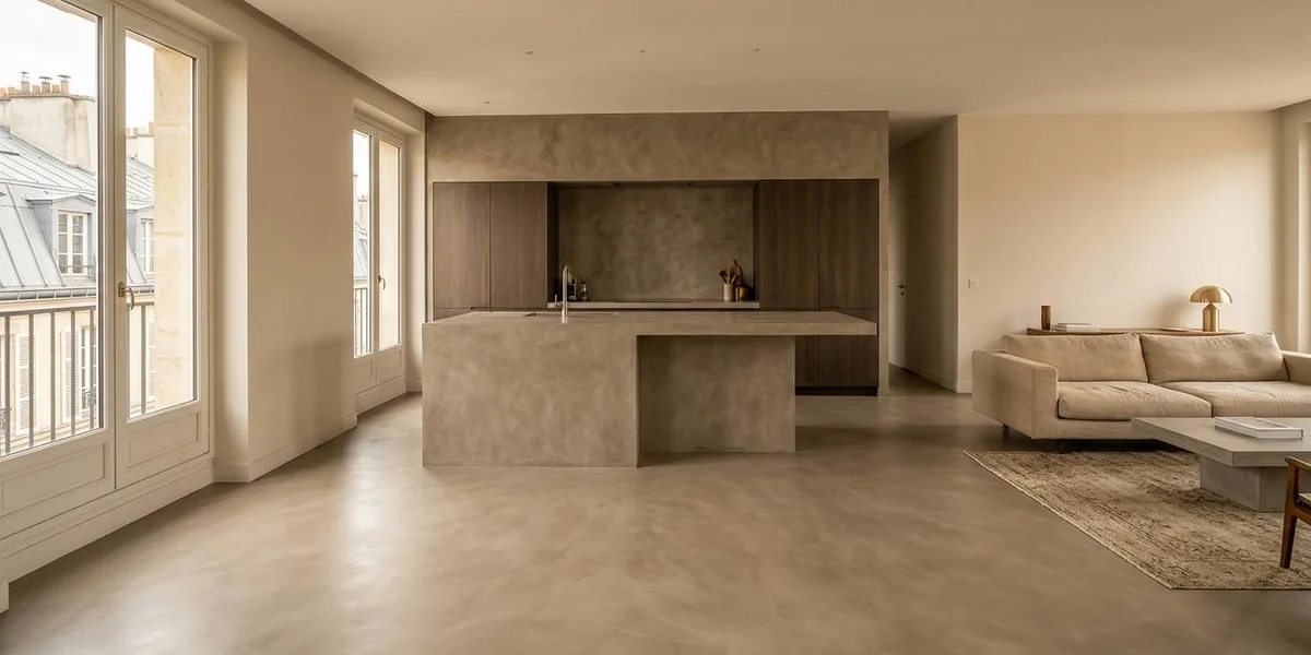 Cuisine ouverte avec sol et îlot central en béton ciré style contemporain