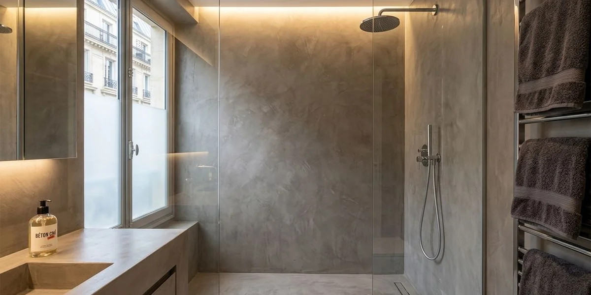 Détail de la finition antidérapante sur sol de douche italienne en béton ciré