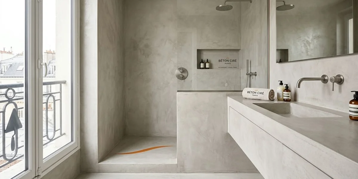 Détail de la finition vernis bi-composant sur béton ciré en zone humide