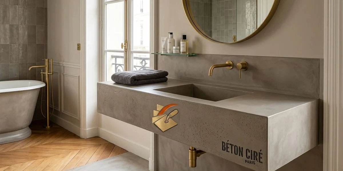 Plan vasque intégré en béton ciré dans une salle de bain design