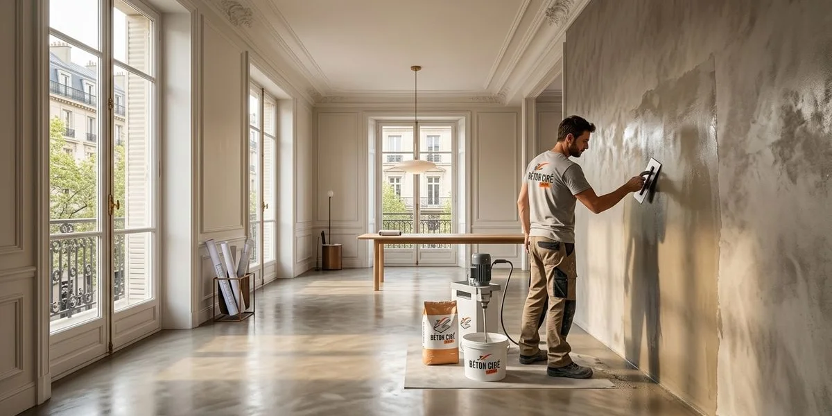 Artisan posant du béton ciré dans un appartement haussmannien parisien avec accès chantier étroit