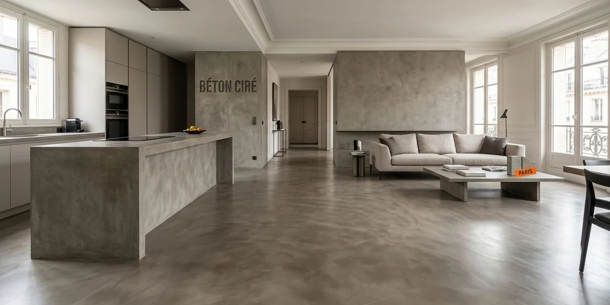 Sol en béton ciré dans un espace ouvert moderne illustrant la continuité sans joints impossible avec du carrelage