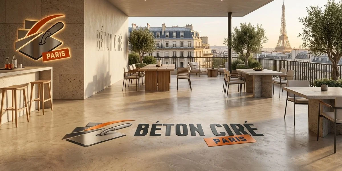 Terrasse en béton ciré sur les toits de Paris avec mobilier contemporain