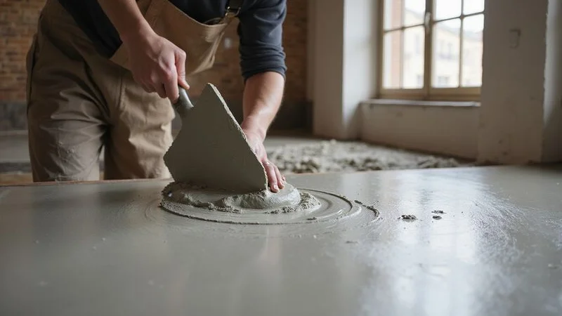 Artisan appliquant du béton ciré sur un plancher chauffant dans un appartement parisien