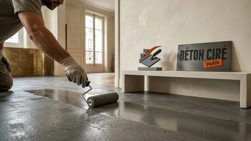 Application du vernis de protection sur un sol en béton ciré fraîchement poncé