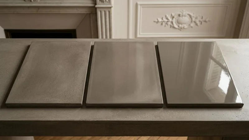 Comparaison côte à côte des trois finitions de béton ciré mat satiné brillant