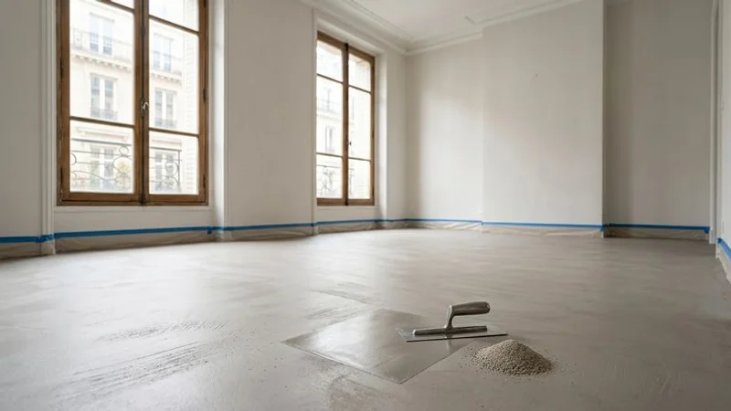 Pièce vide prête pour un chantier de béton ciré avec protection des zones adjacentes