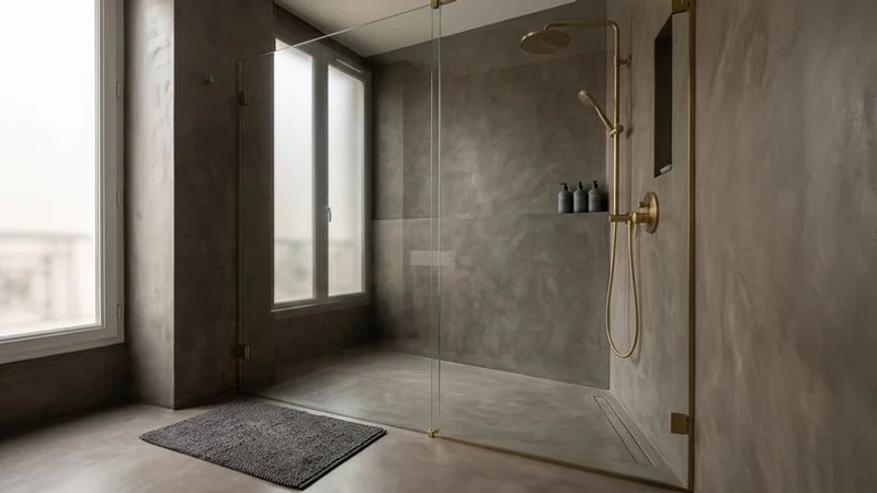 Salle de bain en béton ciré avec douche italienne et vasque intégrée