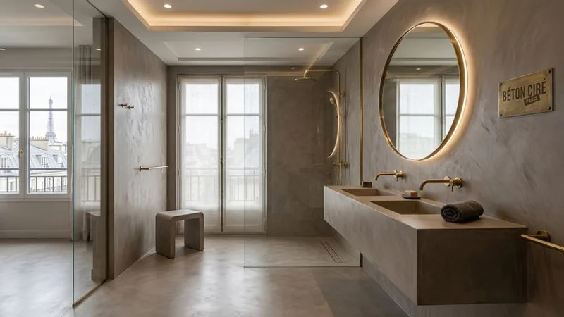 Salle de bain intégrale en béton ciré du sol au plafond avec baignoire îlot