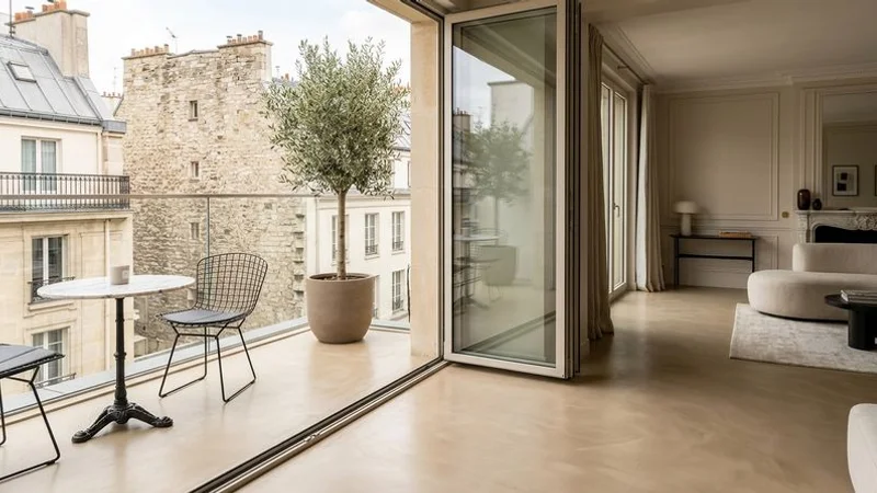 Terrasse en béton ciré avec continuité visuelle vers le salon intérieur